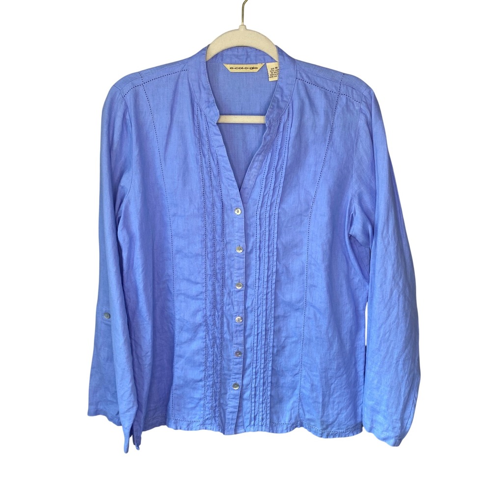 Ecologie Womens Blue 100% Linen Pintuck Roll Tab Sleeve Button Front Blouse M
